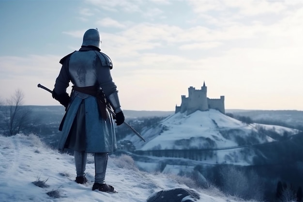 Cavaleiro olhando para o castelo na colina na paisagem de inverno generativa ai