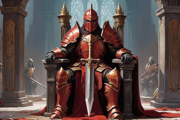 Foto cavaleiro sentado no trono espada moderador capacete vermelho enferrujado armadura conteúdo paralelo reunião mágica