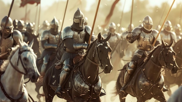 Cavaleiros armados a cavalo em uma cena de reconstituição de batalha