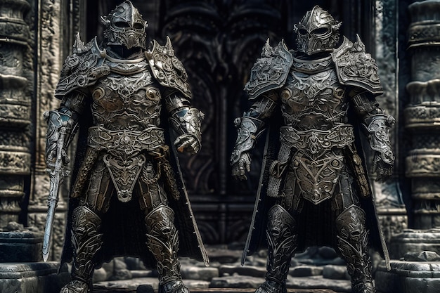 Cavaleiros de armadura no castelo Guerreiro medieval Rede neural gerada por IA
