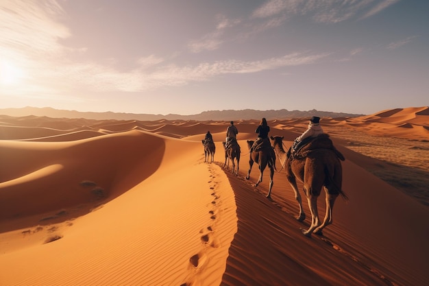 Cavaleiros de camelo andando em uma bela caravana de camelos de céu claro no deserto dourado