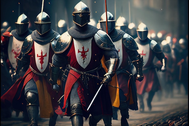 Cavaleiros formidáveis medievais se preparam para a batalha histórica Um conceito medieval histórico