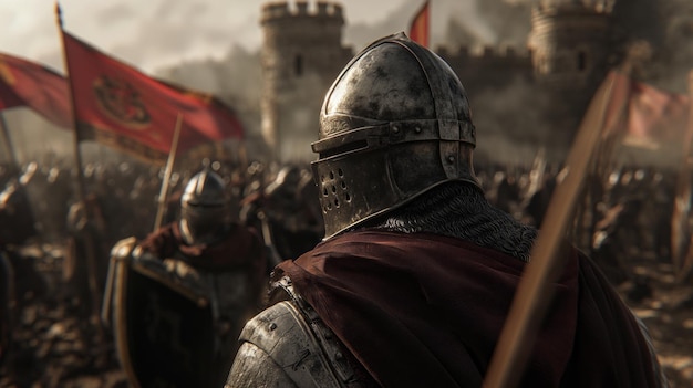 Cavaleiros medievais estão lutando em frente ao castelo o cerco guerra pelo reino guerras em armaduras com espadas lanças e escudos