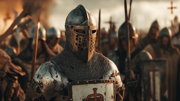 Cavaleiros medievais estão lutando em frente ao castelo o cerco guerra pelo reino guerras em armaduras com espadas lanças e escudos