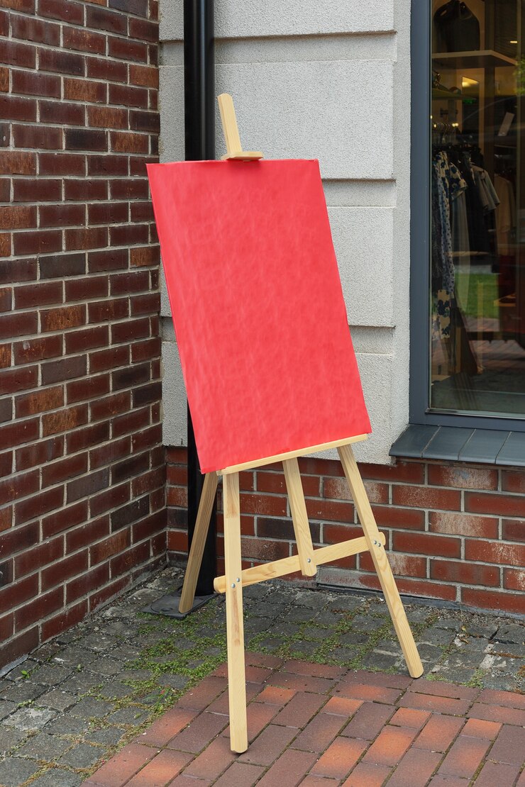 Foto cavalete de madeira para artista com pôster vermelho em branco para seu projeto em frente à parede de tijolos