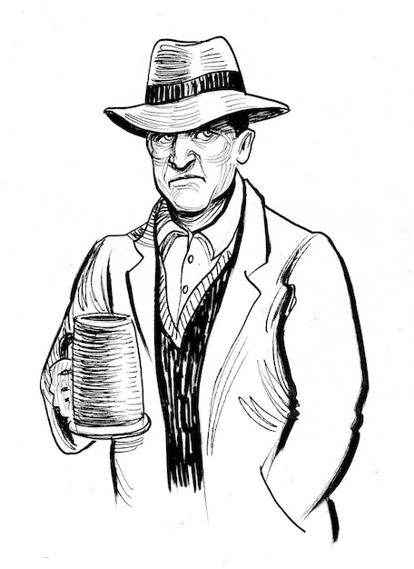 Foto cavalheiro com uma caneca de cerveja. desenho de tinta preto e branco