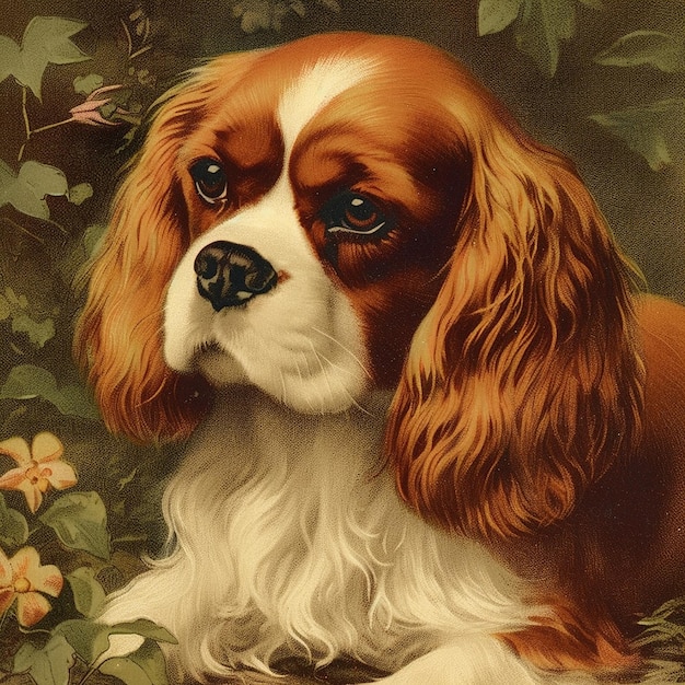 Foto cavalier king charles spaniel altes vintage-retro-postkarten-portrait in nahaufnahme mit süßem hund