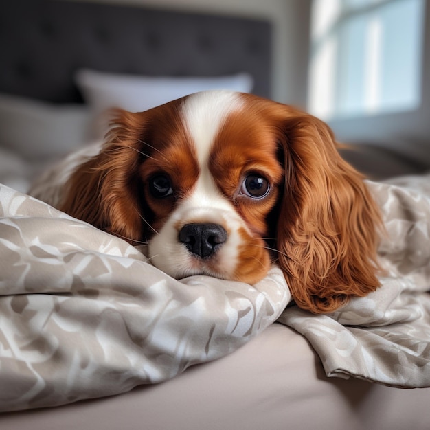 Cavalier king charles spaniel cachorro na cama imagem Arte gerada por IA