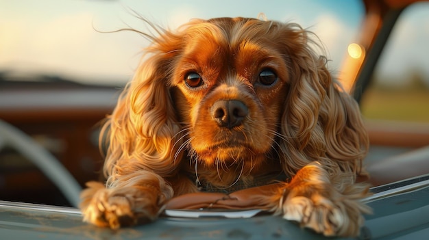 Cavalier King Charles Spaniel em um carro vintage no campo