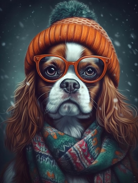 Cavalier King Charles Spaniel con gafas en ropa invernal y un beanie Generative Ai