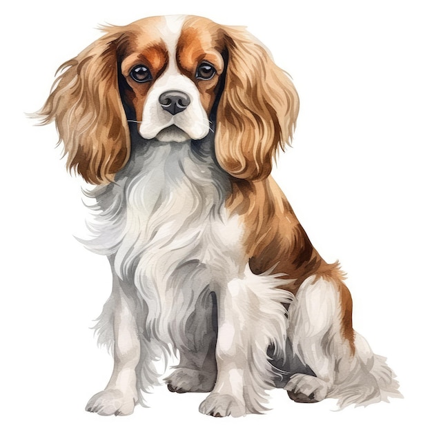 Cavalier King Charles Spaniel Retrato elegante em aquarela em estilo minimalista em fundo branco