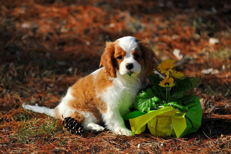 Foto cavalier king charles spaniel sitzt mit blumen auf dem feld