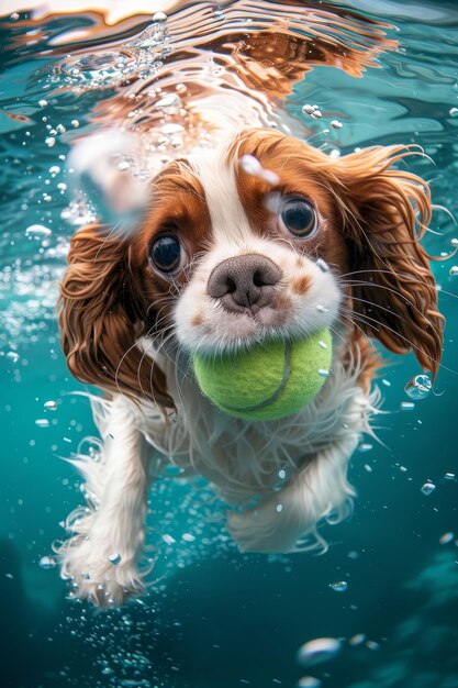 Cavalier King Charles Spaniel trazendo bola debaixo d'água