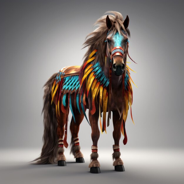 Foto cavalo 3d colorido com penas ilustração detalhada de personagens em estilo techno shamanism