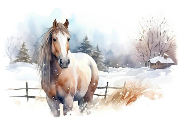 Foto cavalo aquarela no inverno isolado fundo branco