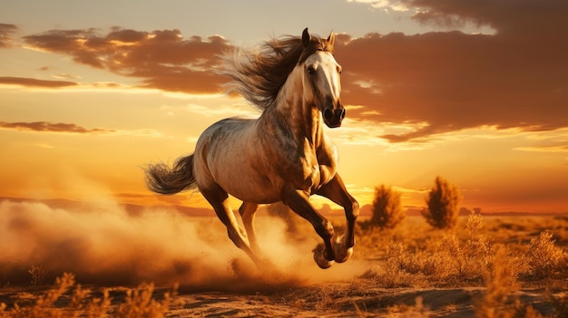 Foto cavalo árabe cinzento corre na poeira aganista céu azul animal rápido e forte