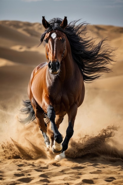 Cavalo baio correndo na areia do deserto Foto horizontal