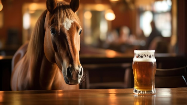 cavalo bebendo um litro de cerveja em um balcão de bar.