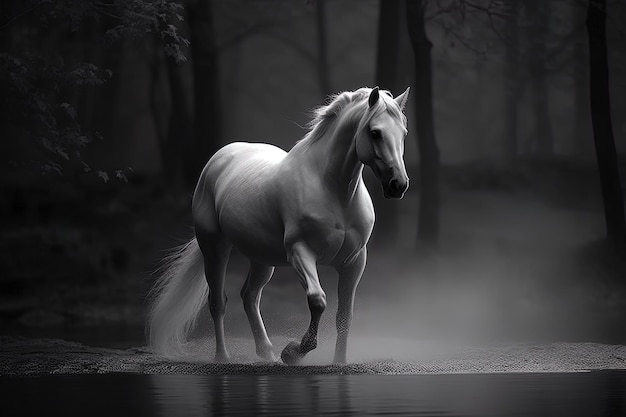 Cavalo branco andando no lago no fundo desfocado da floresta