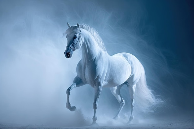 Cavalo branco azul na arena no cavalo dançante de fundo de neblina
