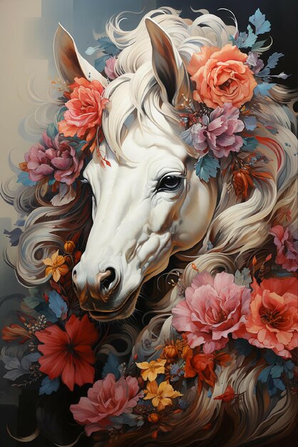 cavalo branco com flores