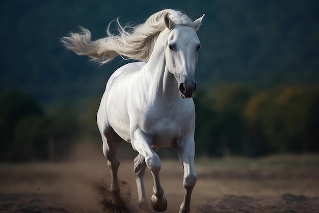 Cavalo branco correndo ao longo de uma estrada arenosa criada com a tecnologia generative ai