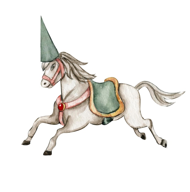 Cavalo branco de circo desenhado à mão em aquarela sobre fundo branco