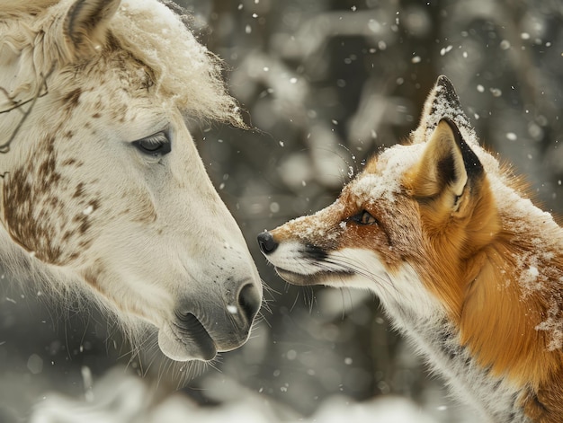 Cavalo branco e raposa vermelha se enfrentam em uma paisagem nevada, um momento de interação de animais selvagens