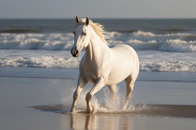 Cavalo branco em garanhão de corrida selvagem à beira-mar Belo cavalo abstrato ilustração IA generativa