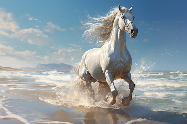 Cavalo branco galopando no mar em um dia ensolarado renderização 3D