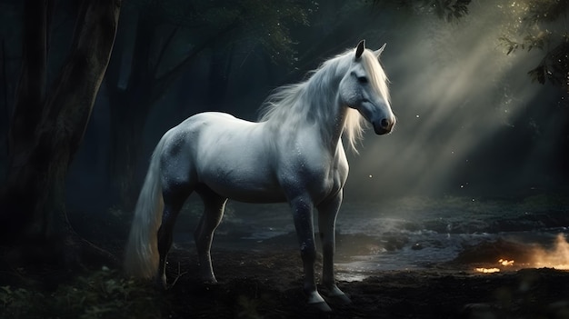 Cavalo branco no papel de parede da floresta