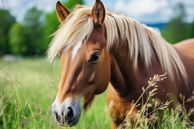 Foto cavalo castanho com cabelo loiro come grama em um prado verde detalhe da cabeça