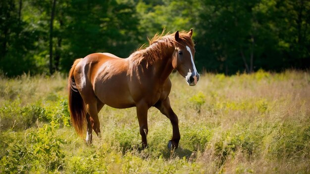 Cavalo castanho em um campo cercado de vegetação sob a luz do sol