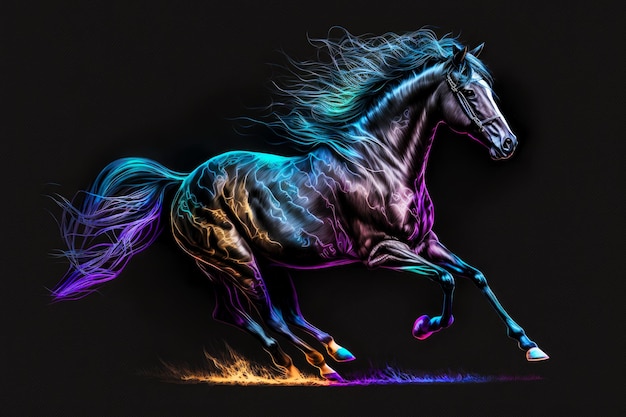 Cavalo colorido correndo em fundo preto Generative AI