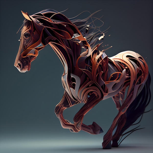 Cavalo com uma bela juba feita de renderização em 3d de madeira