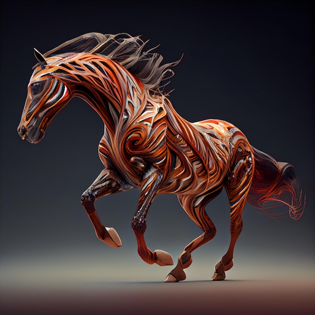 Cavalo correndo ao vento em uma renderização 3d de fundo escuro