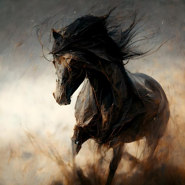 Cavalo correndo na grama seca em um dia nublado
