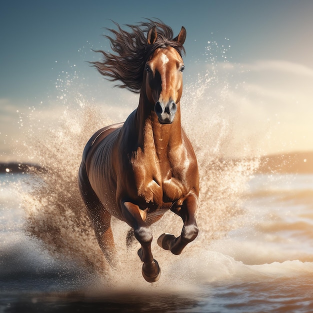 Foto cavalo correndo na praia através da água ilustração 3d