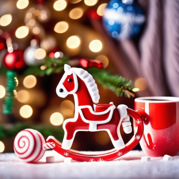 Cavalo de brinquedo pendente em frente à árvore de Natal Taça vermelha com chocolate quente e marshmallow