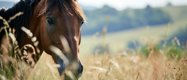 Foto cavalo de castanha no prado da manhã cedo