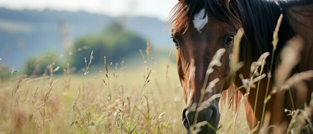 Foto cavalo de castanha no prado da manhã cedo