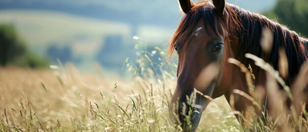 Foto cavalo de castanha no prado da manhã cedo