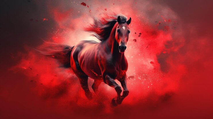 Foto cavalo de fundo esfumaçado vermelho correndo bela imagem ai gerou arte
