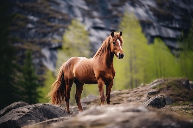 Cavalo de pé na natureza nas rochas IA generativa