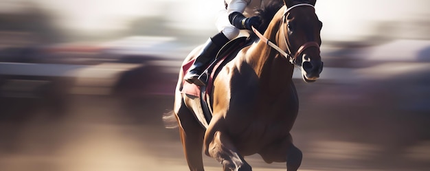 Cavalo de raça pura com cavaleiro galopa rapidamente ao redor da pista de corrida durante a competição de corrida de cavalos