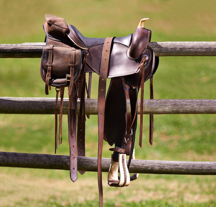 Foto cavalo de sela e fazenda em rancho cerca equitação e esportes equestres no campo cowboys ocidentais e campo no texas estribo e assento de couro ou equipamento para exercício ao ar livre no paddock