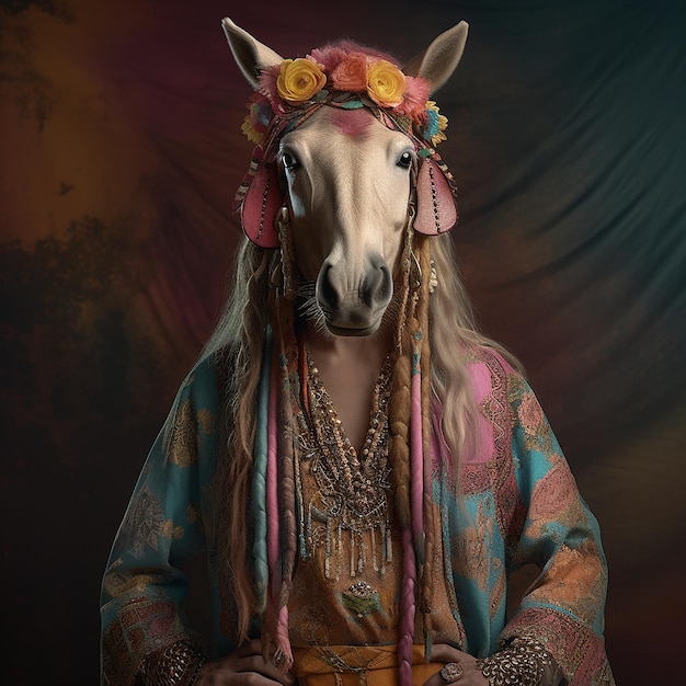 cavalo de unicórnio em roupa hippie medieval boho boêmia com miçangas surreal