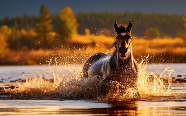 Cavalo desfrutando de um banho de água divertido em uma poça no meio da viagem
