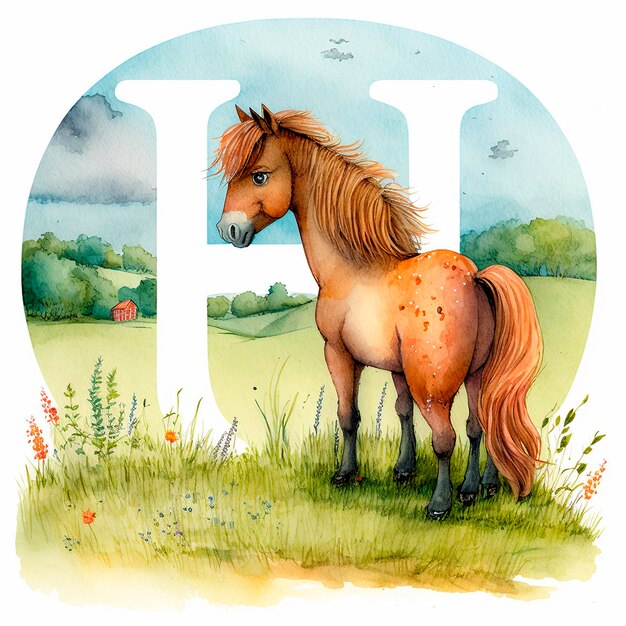 Cavalo e a letra H Explorando a Natureza e Aprendendo o Alfabeto ilustração de aquarela crianças ABC