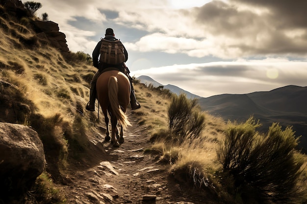 Foto cavalo e cavaleiro no caminho da montanha